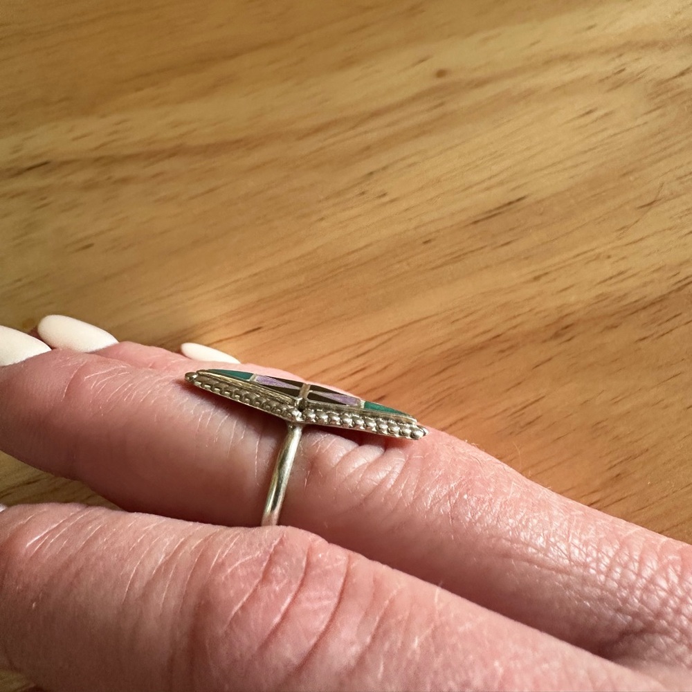 Geometric Silver Ring with Purple and Green inlay accents - Picture 7 of 14